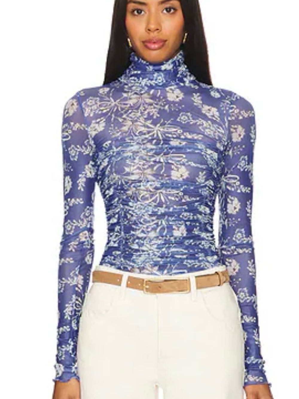 Free People Blue Floral Mesh Turtleneck Long-Sleeve Bodysuit